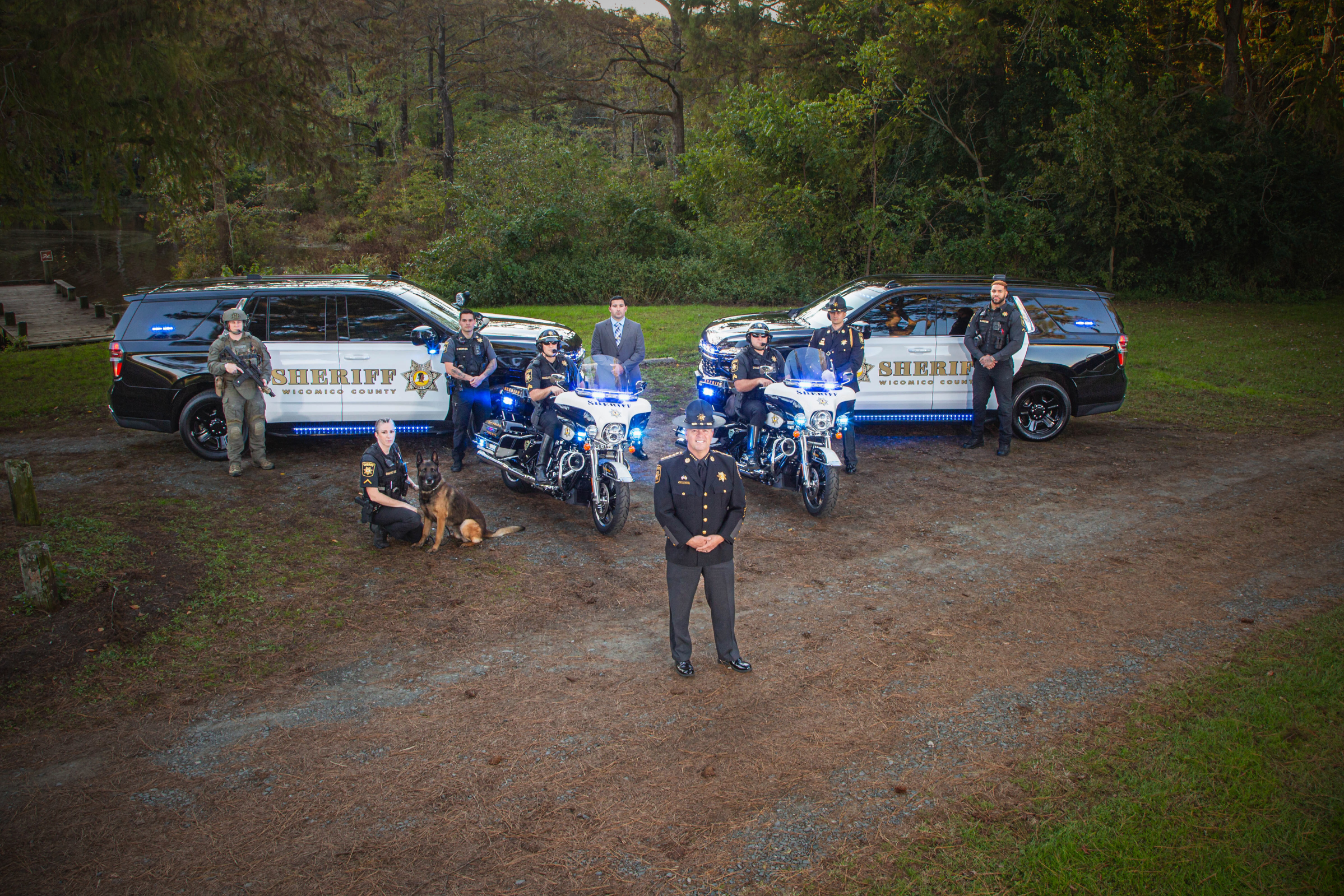 Wicomico County Sheriff Group Photo with SUV & Motorcycles